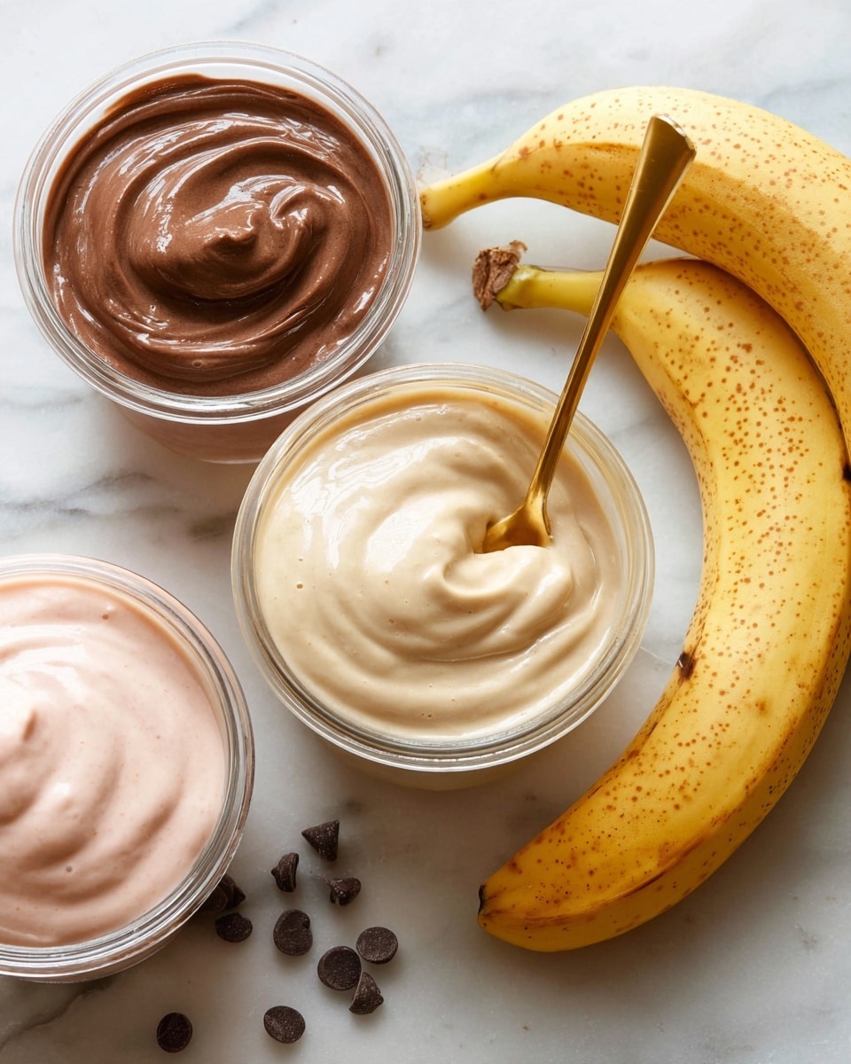 The image shows three clear glass containers of smoothie or cream, each with a smooth, swirled texture. The container in the center has a light beige creamy mixture with a golden spoon resting in it. To the left, there is a container with a rich, dark brown mousse-like substance, and below, a container with a light pink creamy mixture. On the right side of the containers, two ripe spotted bananas are placed on a white marbled surface. There are also a few chocolate chips scattered near the bottom right corner. photo taken with an iphone --ar 4:5 --v 7