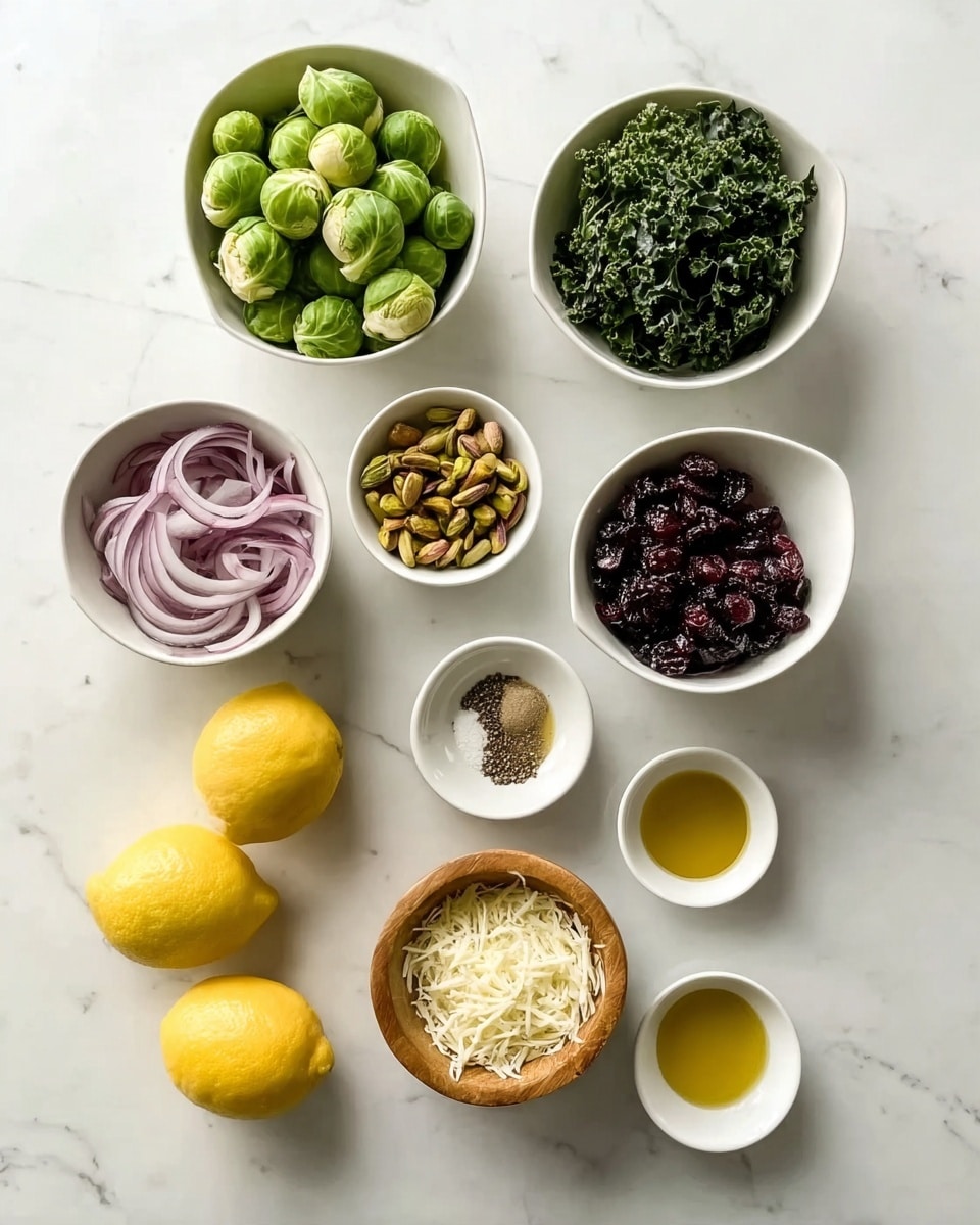 The image shows several small white bowls and two whole yellow lemons arranged neatly on a white marbled surface. In the top row, one bowl is filled with fresh green Brussels sprouts, and next to it is a bowl with dark green torn kale leaves. Below them, there is a bowl of thinly sliced purple onions on the left and a bowl of brownish-green pistachios in the middle. To the right, a small white bowl holds dark dried cranberries. Near the bottom, there is a wooden bowl filled with white shredded cheese, with the two lemons on the left, and three small white bowls containing light brown honey, greenish-yellow olive oil, and pale yellow mustard. Finally, a tiny white bowl in the center bottom holds a mix of salt and black pepper. The photo was taken with an iphone --ar 4:5 --v 7