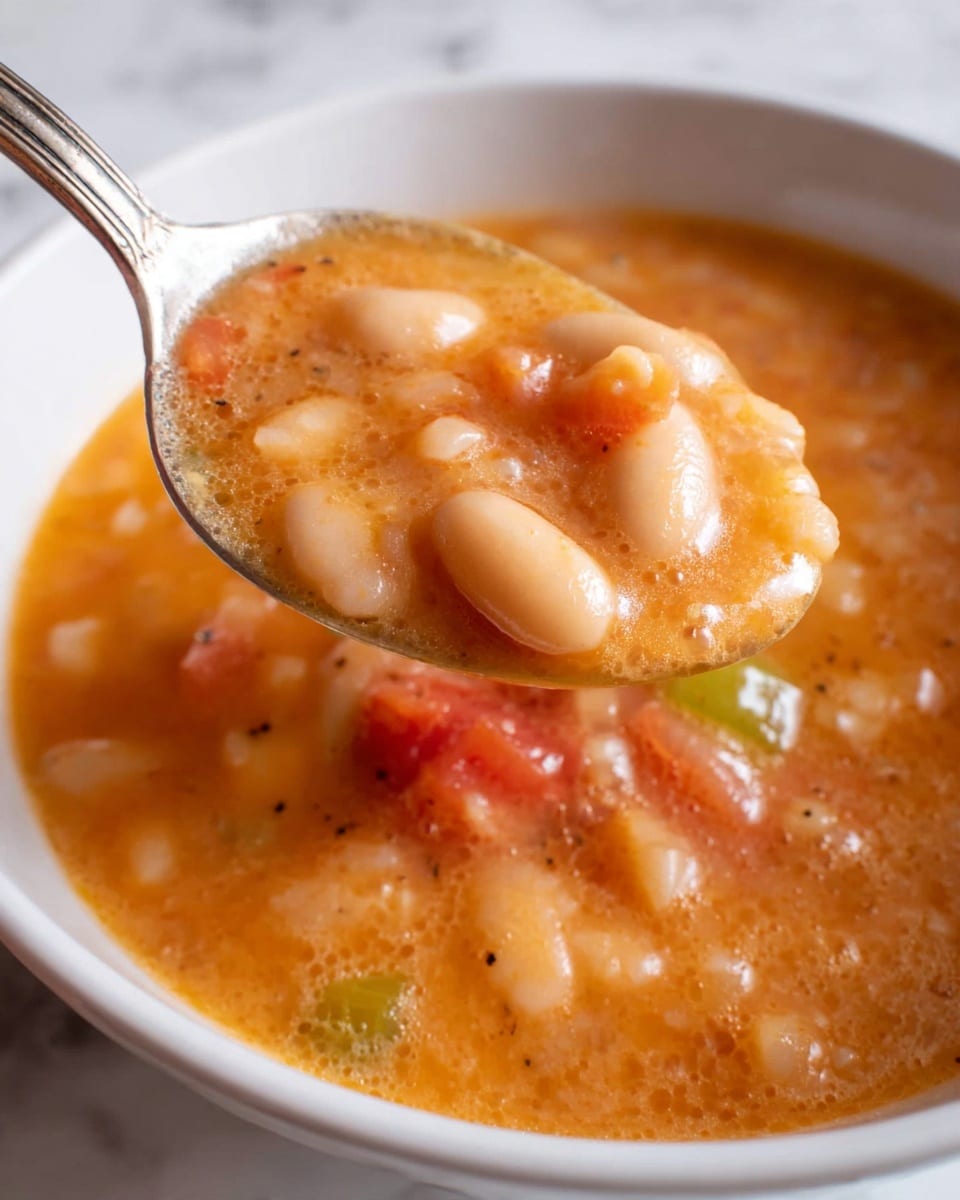 A close-up view of a spoon lifting thick, orange-brown bean soup from a white bowl. The soup shows soft, white beans, small pieces of green celery, and chunks of red tomatoes in a slightly shiny, smooth broth with visible black pepper specks floating on top. The soup fills the bowl with a rich, dense texture and some foam spots. The background is a white marbled surface. photo taken with an iphone --ar 4:5 --v 7