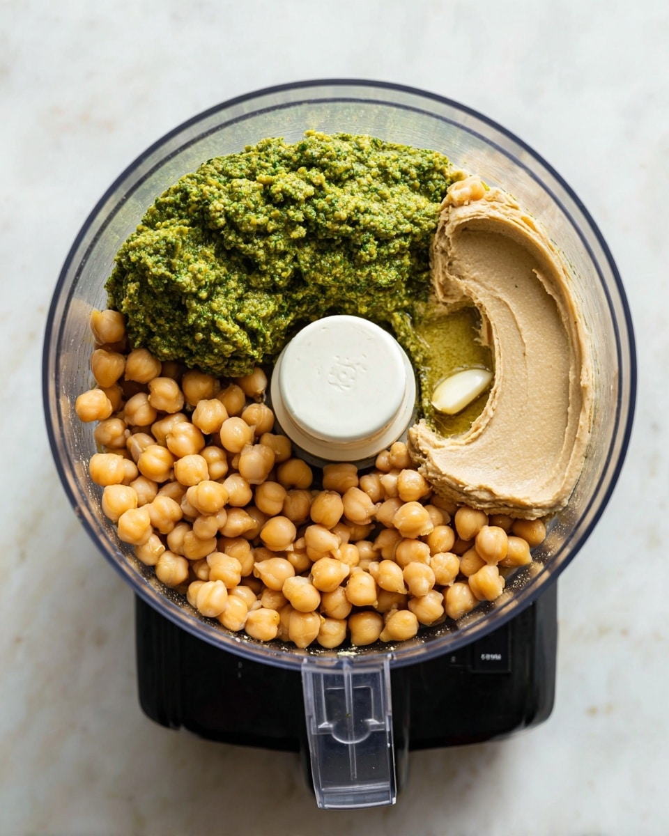 Inside a clear food processor bowl, there is a base layer of round, light brown chickpeas filling most of the space. On top of the chickpeas, towards the left, sits a mound of chunky green pesto with visible texture and small bits. Near the right side, a creamy beige layer of smooth tahini is placed, contrasting with the chickpeas. A single clove of garlic is laying on the chickpeas near the center-left, close to the food processor's white blade attachment. The whole setup is placed on a white marbled surface, and the food processor is black at the base. photo taken with an iphone --ar 4:5 --v 7