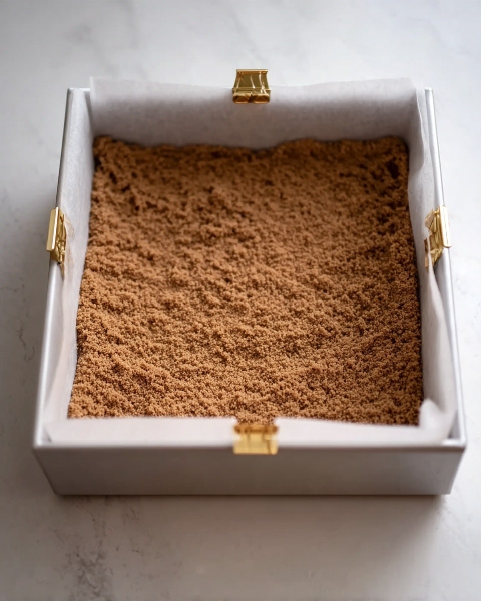 A square baking pan lined with white parchment paper is shown from a close-up angle, filled with a thick, even layer of brown crumbly crust pressed down flat, covering the entire base. Two small gold-colored clips hold the parchment paper neatly along the edges of the pan. The surface under the pan is a white marbled texture. The lighting is soft, making the crumbly texture of the crust clear and detailed. Photo taken with an iphone --ar 4:5 --v 7