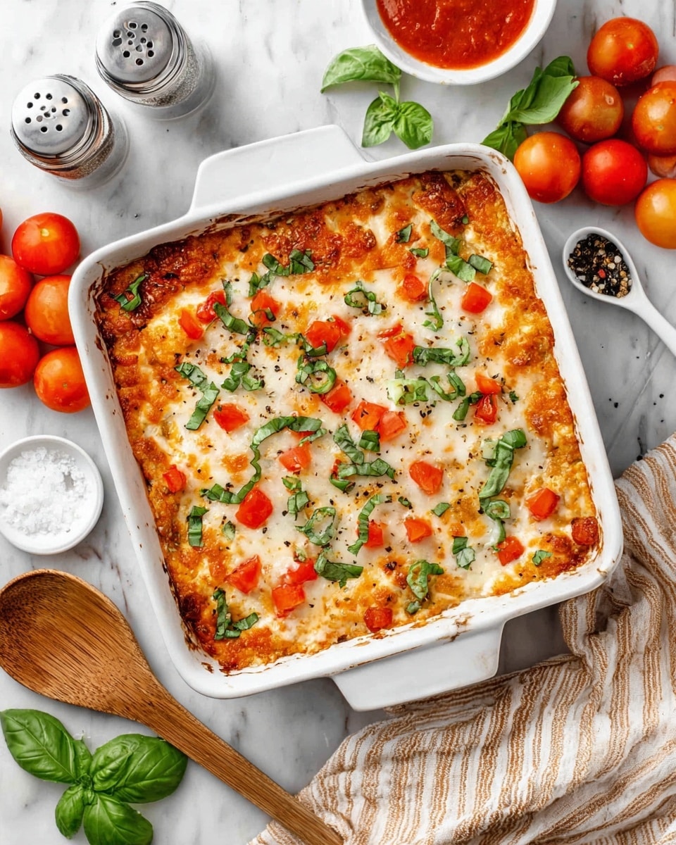 In a square white baking dish, there is a baked layered dish with a golden brown melted cheese top layer, scattered with small bright red diced tomatoes and fresh chopped green basil leaves, with some black pepper visible on the surface. Around the dish, there are whole and sliced red tomatoes, bright green basil leaves, a small white bowl with red sauce and a white spoon inside, and salt and pepper containers. The dish and items are set on a white marbled surface with a wooden spoon and a beige striped cloth nearby. photo taken with an iphone --ar 4:5 --v 7