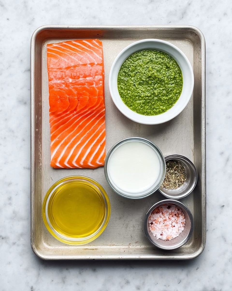 A metal baking tray holds six ingredients arranged neatly: on the left, a bright orange raw salmon fillet with white lines running diagonally across it; to the right, two white bowls stacked vertically the top bowl filled with bright green pesto sauce showing a textured surface, and below it, a bowl of clear golden olive oil with a smooth surface; below these, a clear glass filled with white cream. On the far right side of the tray are three small metal bowls stacked vertically, containing black and white pepper, mixed dried herbs with red flakes, and pink salt crystals respectively. The tray rests on a white marbled surface. Photo taken with an iphone --ar 4:5 --v 7