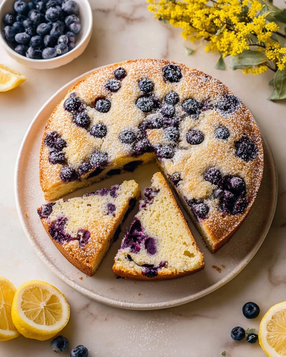 A round blueberry cake with a golden-brown top layer, dotted with dark purple blueberries, and a light dusting of powdered sugar on the surface. The cake is on a white plate placed on a white marbled texture. Two thick slices, showing the soft, pale yellow inside with scattered blueberries, are laid inside the circle where a piece is removed. Bright yellow lemon halves and small bunches of yellow flowers decorate the background, along with some fresh blueberries scattered on the surface. photo taken with an iphone --ar 4:5 --v 7