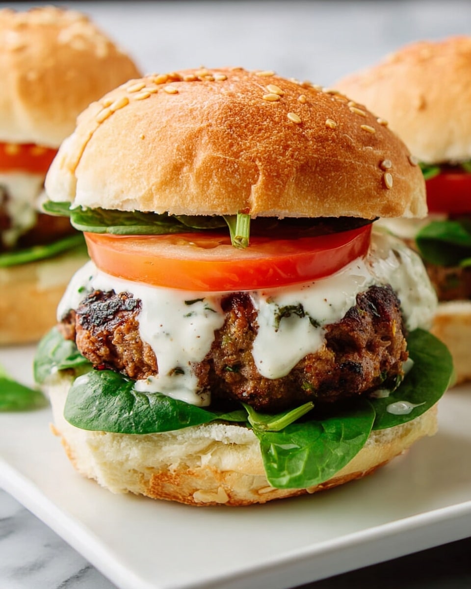 A close-up view of a sandwich with four layers inside a white sesame seed bun; the bottom bun is golden brown with a soft texture, topped with fresh bright green spinach leaves. Above the spinach is a thick, juicy meat patty with a slightly charred and crispy dark brown crust. A creamy white sauce is spread over the patty and drips slightly down the sides. A bright orange, round tomato slice sits on top of the sauce, with the sandwich completed by the golden top bun sprinkled with sesame seeds. The sandwich is placed on a white plate with a white marbled background. Photo taken with an iphone --ar 4:5 --v 7