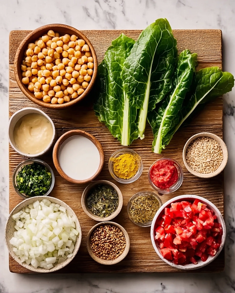 A wooden board on a white marbled surface holds bowls and fresh ingredients arranged neatly. There is a bowl full of chickpeas on the top left, next to a small bowl with a creamy light sauce. At the bottom left, chopped white onion fills a bowl. In the center are green leafy stalks with large dark green leaves. Next to the leaves is a bowl filled with white liquid. On the top right side of the board, there are small bowls with different spices – one with finely chopped green and yellow mix, another with a brown powder, and two small ones with yellow and brown powders and seeds. A small bowl with bright red paste sits in the middle right, and the largest bowl on the far right is filled with chopped red tomatoes. photo taken with an iphone --ar 4:5 --v 7