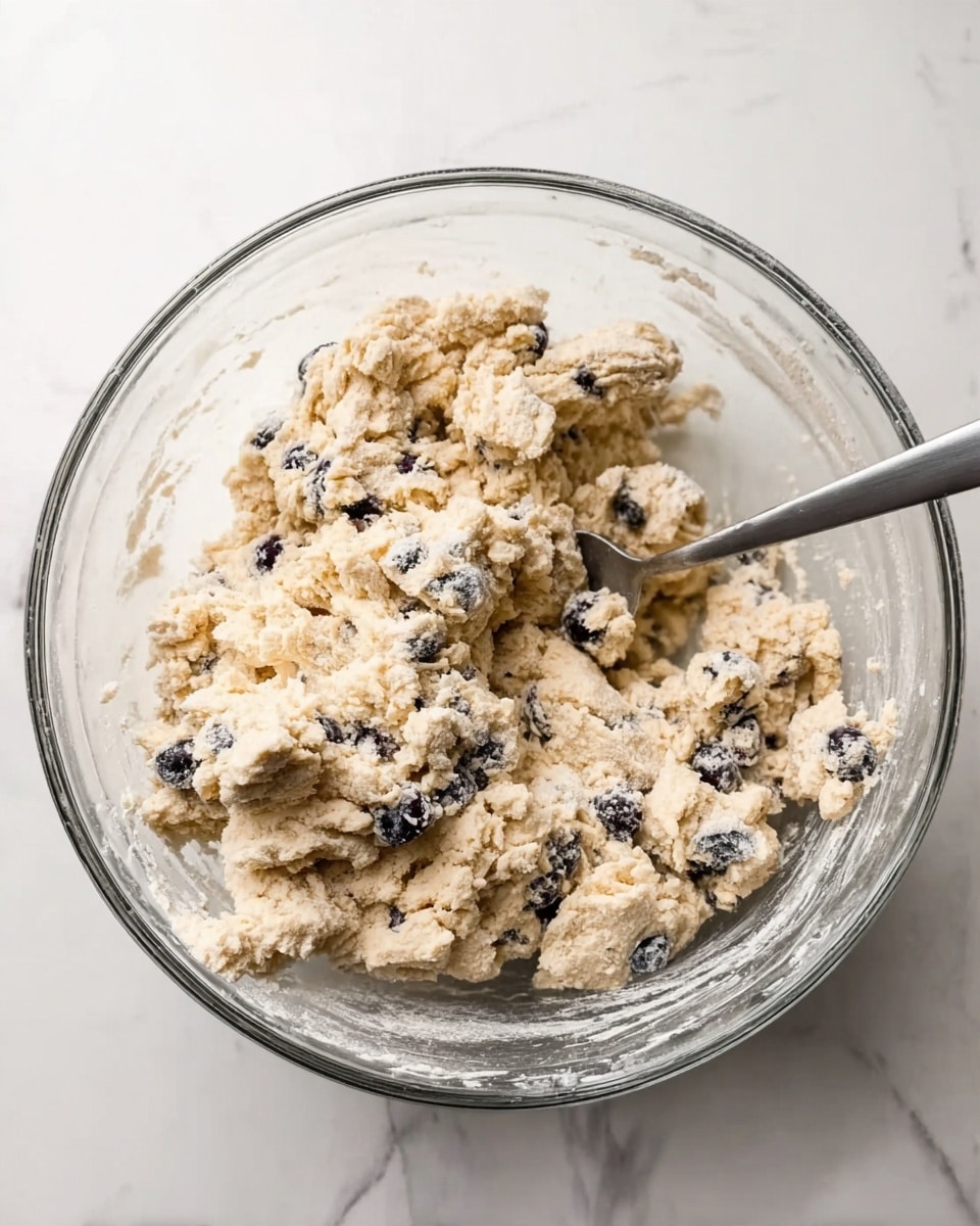A clear glass bowl filled with a rough, crumbly dough that is light beige in color with scattered dark blueberries throughout. A metal spoon is partially submerged on the right side of the bowl, mixing or scooping the dough. The dough appears uneven with small chunks and a dry texture. The background is a white marbled surface. photo taken with an iphone --ar 4:5 --v 7