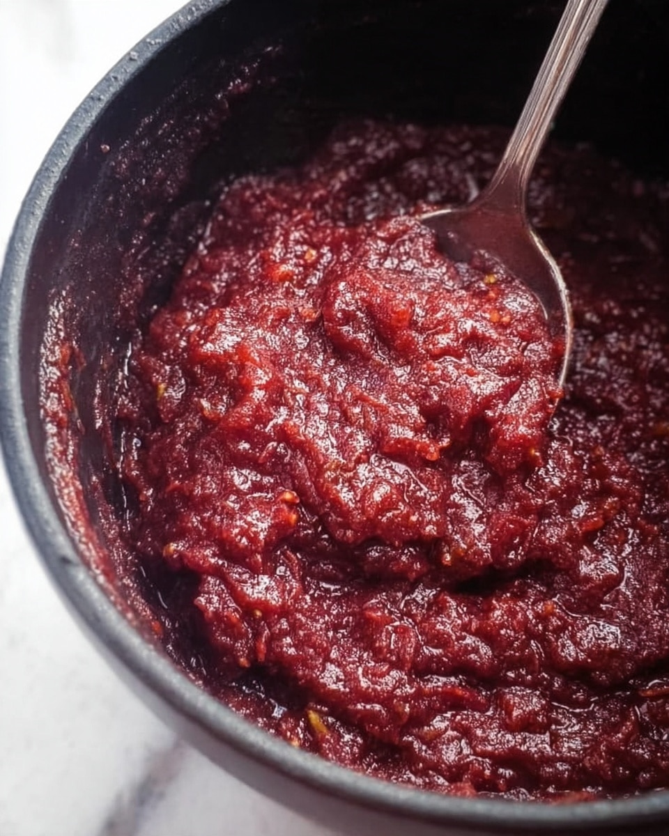 A close-up view of a dark red-purple thick mixture with a chunky texture, filled with visible small bits of fruit or vegetable pieces. The mixture is inside a black pot with some residue on the edges. A silver spoon is dipping into the thick mass, showing its dense consistency. The background surface is a white marbled texture. Photo taken with an iphone --ar 4:5 --v 7