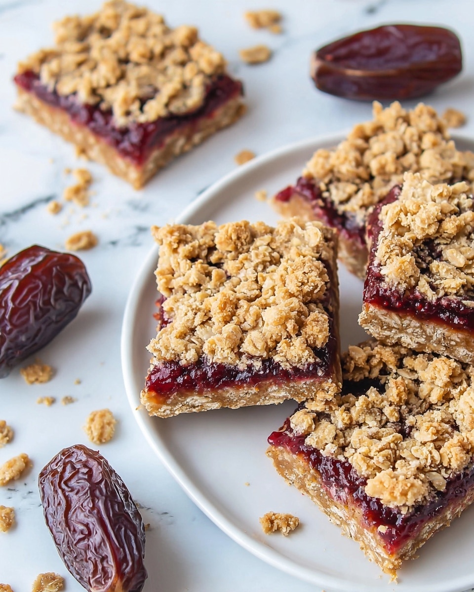 The image shows several square oat bars with three visible layers: a bottom crust layer that is light brown and firm, a middle jam layer that is deep reddish-purple and smooth, and a top oat crumble layer made of chunky, light golden oats covering the surface unevenly. The oat bars are arranged on a white round plate placed on a white marbled surface. One large dark brown date is also on the plate beside a bar. Additional oat bars and dates are scattered around the plate on the white marbled surface, with some small oat crumbs near the bars. Photo taken with an iphone --ar 4:5 --v 7