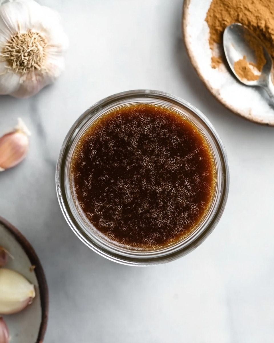 A close-up top view of a clear glass jar filled with a dark brown liquid sauce that has a slightly thick texture with tiny bubbles on the surface. To the top left, a woman's hand is holding a bulb of garlic with some cloves peeled. On the top right, there is a plate with brown powder and a spoon resting on it. The background is a white marbled texture. photo taken with an iphone --ar 4:5 --v 7