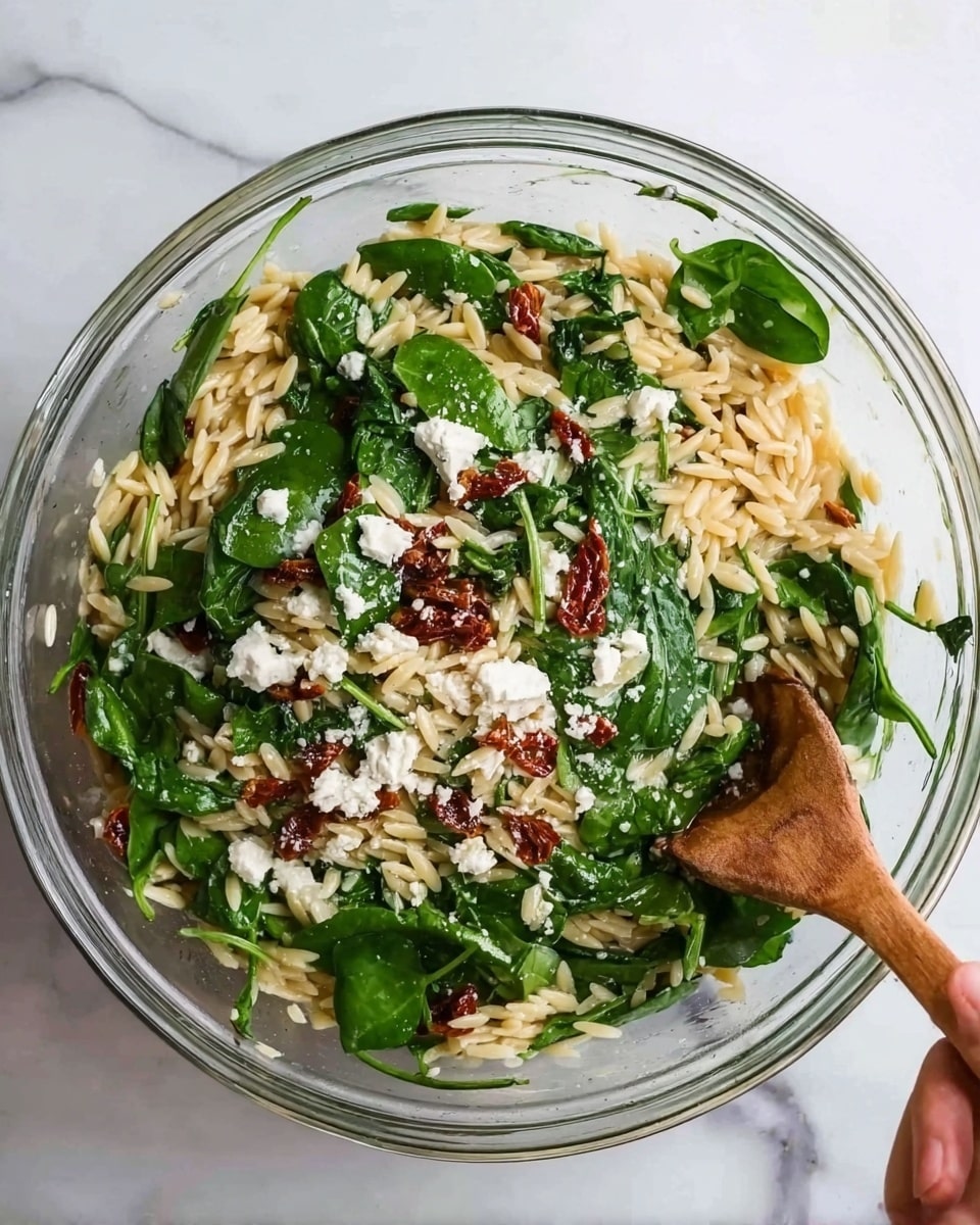 The image shows a clear glass bowl filled with a three-layered dish placed on a white marbled surface. The bottom layer consists of light golden orzo pasta that is soft and slightly shiny. The middle layer includes fresh bright green spinach leaves scattered evenly. The top layer is sprinkled with crumbly white cheese and small bits of reddish-brown sun-dried tomatoes. There is a wooden spoon resting inside the bowl, partially covered by the ingredients. A woman's hand is lightly touching the spoon on the right side. Photo taken with an iphone --ar 4:5 --v 7
