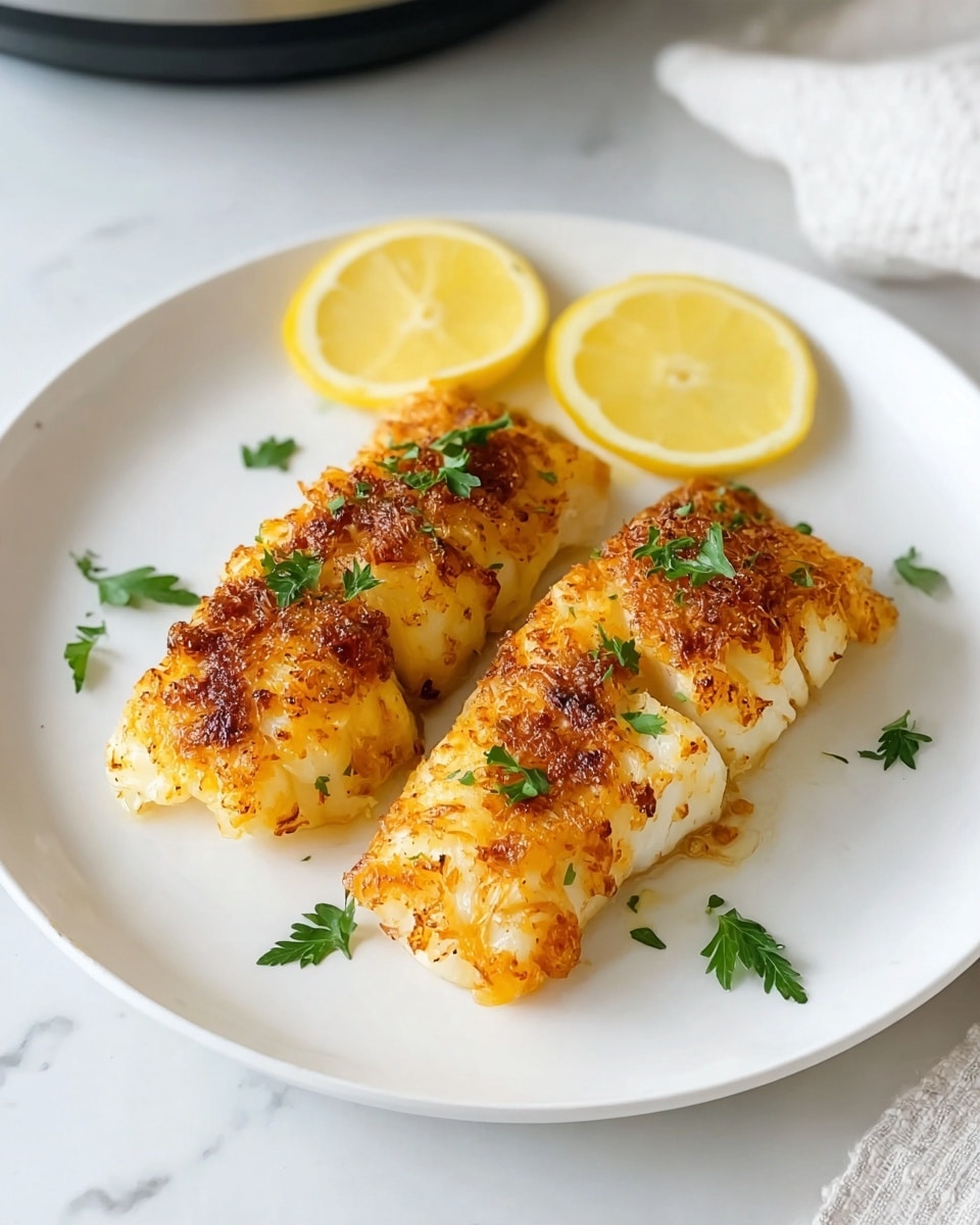 Two golden brown cooked fish fillets with a crispy texture on top are placed side by side on a white plate. The fish has small green parsley leaves scattered over it, adding a fresh pop of color. Above the fish near the top edge of the plate, two lemon wedges are placed, showing a bright yellow color and juicy texture. The plate sits on a white marbled surface with part of a white towel and a black item visible in the background. photo taken with an iphone --ar 4:5 --v 7