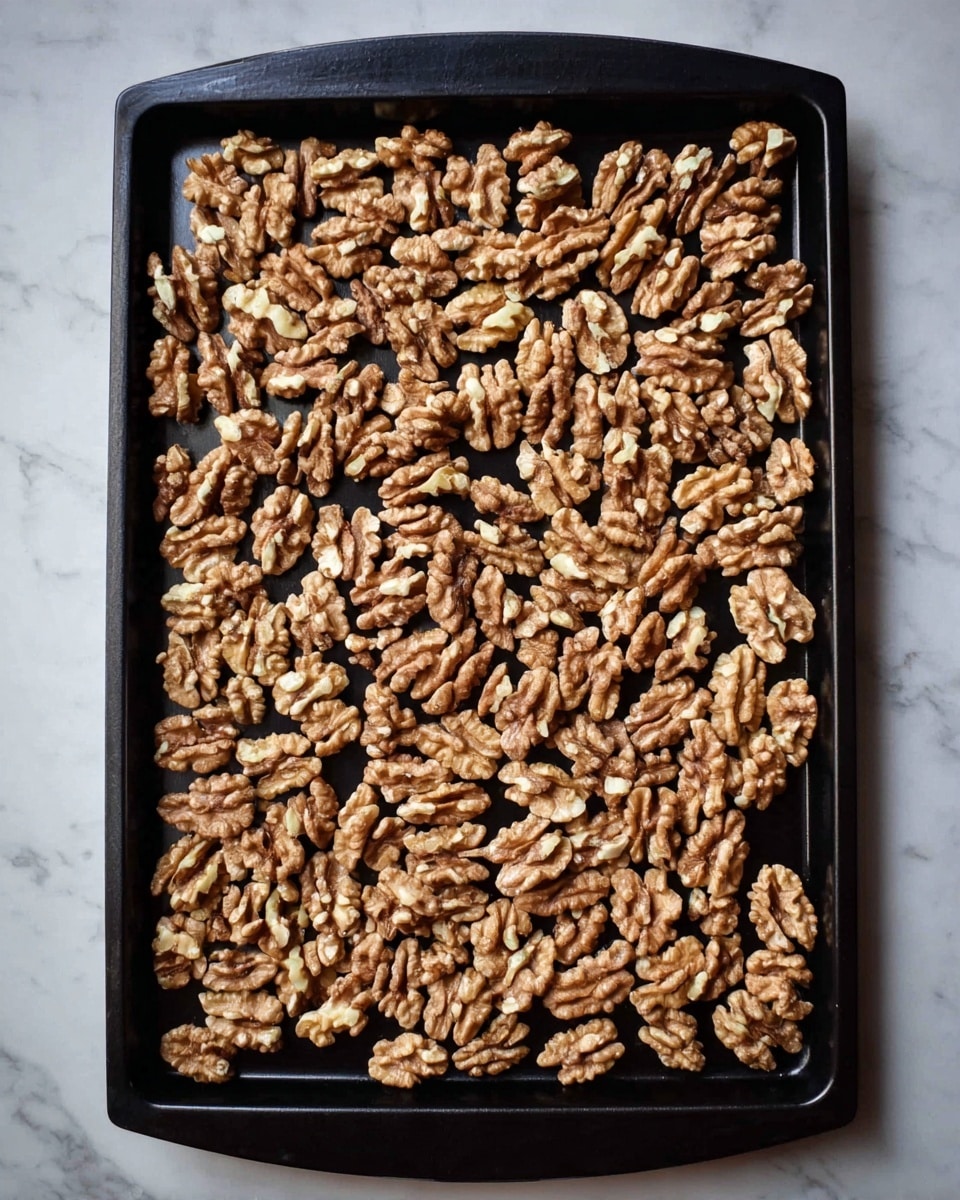 A black baking tray filled with one layer of walnut halves spread evenly across it. The walnuts are light brown with some pieces showing cream-colored inner parts. The tray sits on a white marbled surface, and the lighting softly highlights the texture and natural grooves of the walnut pieces. photo taken with an iphone --ar 4:5 --v 7