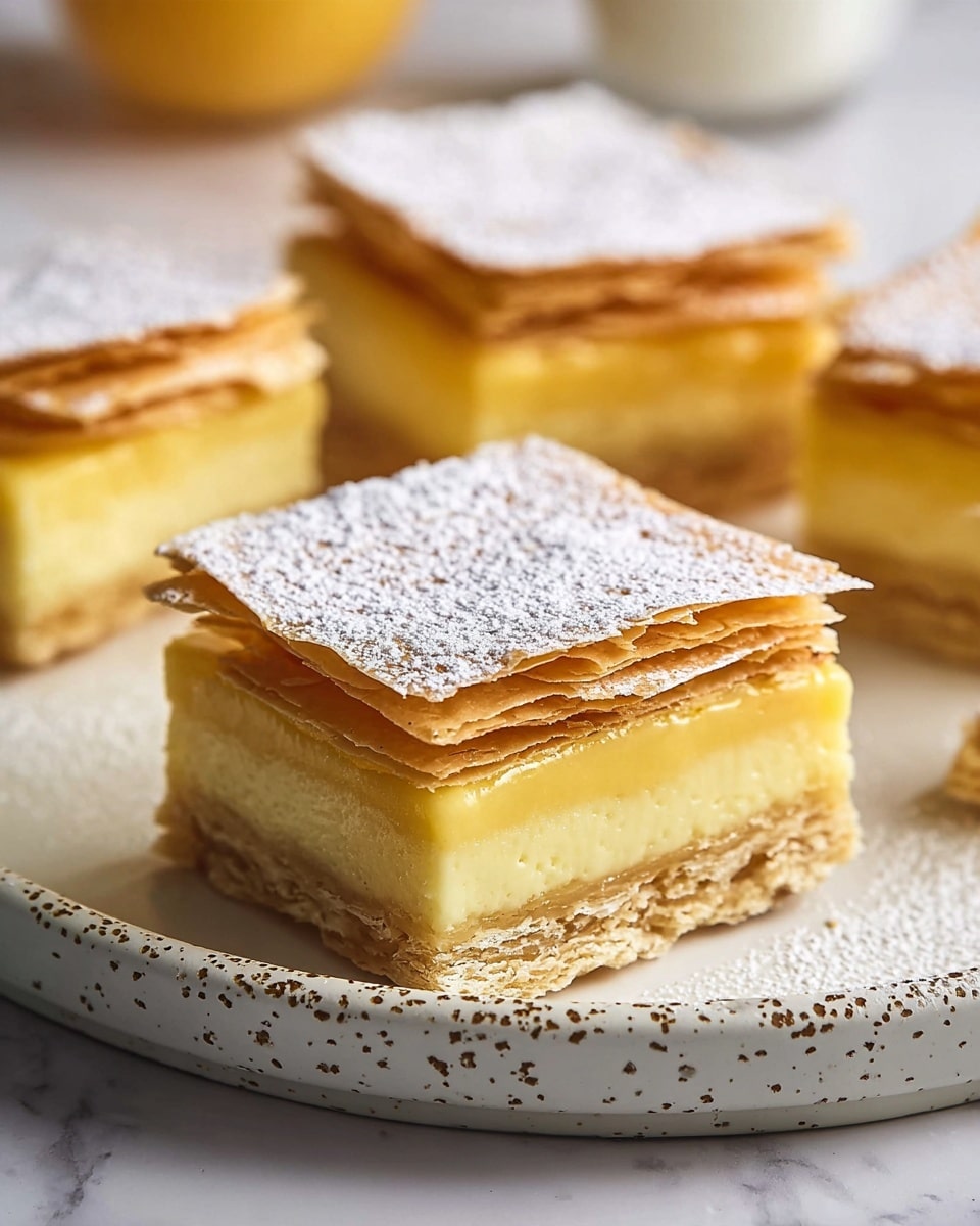 The image shows square slices of a layered dessert placed on a white plate with a speckled border, set on a white marbled surface. Each slice has three main layers: a thin, light brown flaky base, a thick and smooth yellow custard middle layer, and a golden flaky top layer dusted with white powdered sugar. The flaky layers have visible thin sheets, adding a crisp texture contrast to the creamy custard. The dessert pieces are arranged with some in focus and others softly blurred in the background, giving depth to the image. Photo taken with an iphone --ar 4:5 --v 7