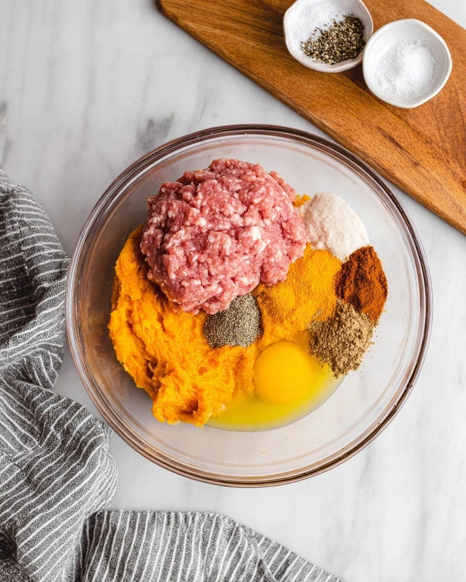In the clear glass bowl on a white marbled surface, there are several colorful layers of ingredients: a large portion of light pink raw ground meat sits on the left, next to a bright orange pumpkin puree on the right, with a small pool of yellow egg yolk partially beneath it. On top of the meat and puree, there are small piles of spices arranged carefully light brown sugar on the far left, dark black pepper close to the center, white salt in the middle, and a deep brown cinnamon powder over the pepper. At the top corners, there are small white bowls, one with coarse salt and the other filled with black pepper on a wooden cutting board. A gray and white striped cloth is placed at the bottom left corner of the frame. Photo taken with an iphone --ar 4:5 --v 7