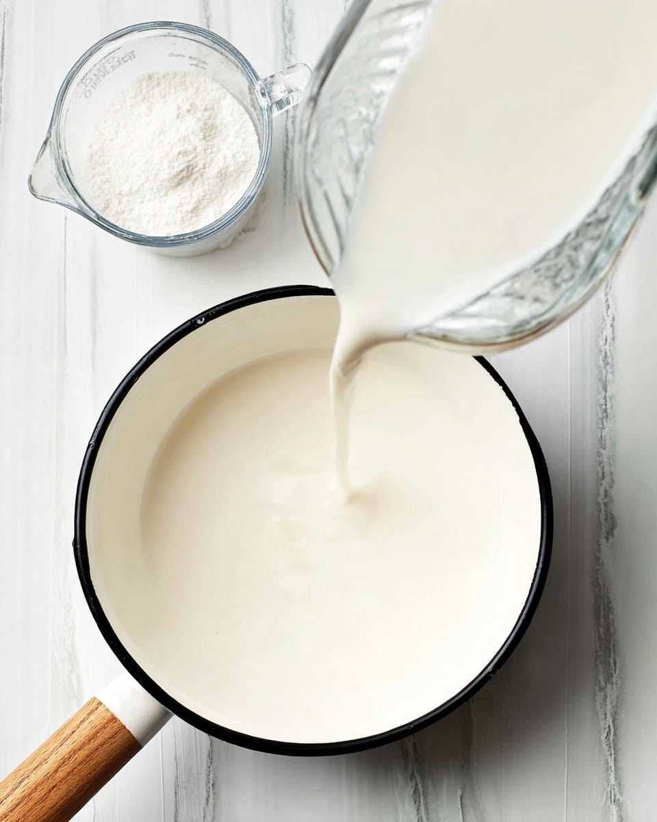 A white saucepan with a black rim and a wooden handle is shown from above on a white marbled surface. A clear glass bottle is pouring white liquid into the saucepan, filling it with smooth, light cream. Above the saucepan, there is a clear glass measuring cup with a white powder inside. The scene focuses on the gentle flow of the liquid and the clean, bright kitchen setup. photo taken with an iphone --ar 4:5 --v 7