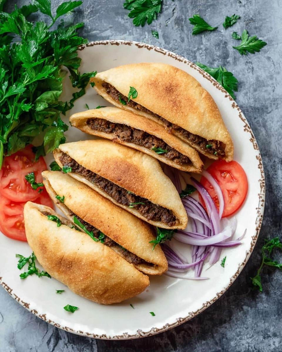 A white decorative plate holds four folded pita sandwiches arranged in a fanned-out stack, each pita light golden brown with a soft texture and filled with dark brown, finely ground meat. Bright green parsley leaves are scattered inside the sandwiches and around the plate for color. On one side of the plate, there are slices of red tomato wedges, and on the other side, thin purple onion slices add extra contrast. The plate sits on a white marbled surface, with some fresh parsley sprigs nearby. Photo taken with an iphone --ar 4:5 --v 7