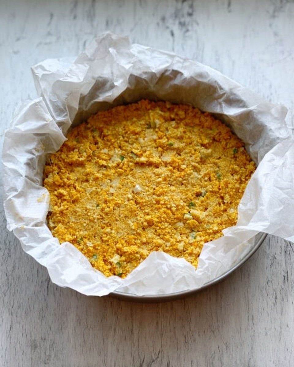 A round flat dish lined with crinkled white baking paper holds a single layer of a mixed yellow and light brown crumbly mixture with visible small pieces of white and green ingredients mixed in. The dish is placed on a surface with a white marbled texture. The texture of the mixture looks soft and uneven, filling the pan fully and evenly. Photo taken with an iphone --ar 4:5 --v 7