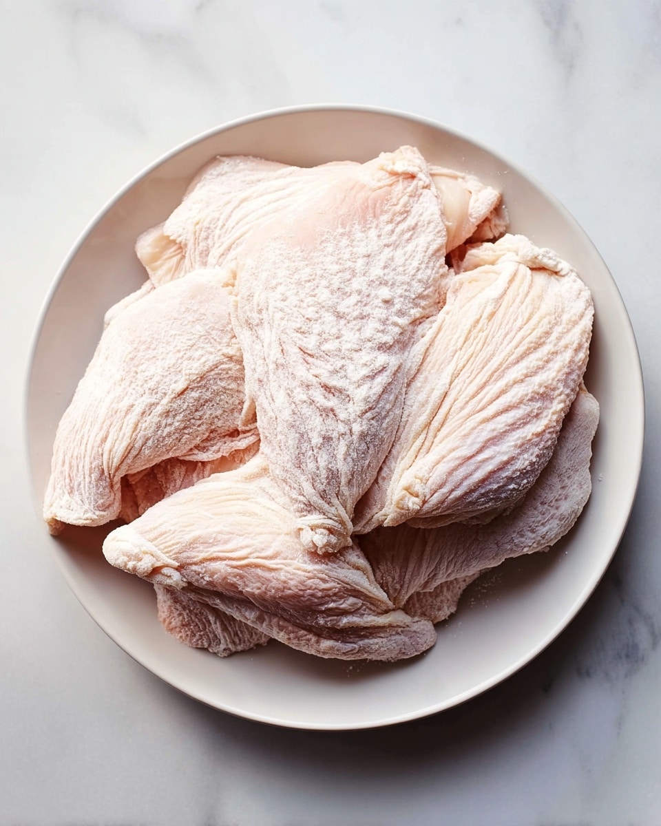 A white plate sits on a white marbled surface, holding several pieces of raw chicken skin layered loosely on top of each other. The chicken skin has a pale pinkish color with visible textured folds and veins, each piece slightly curled at the edges, creating a fluffy, uneven pile. The skin looks fresh and soft, with a dusting of white flour coating the surface. photo taken with an iphone --ar 4:5 --v 7