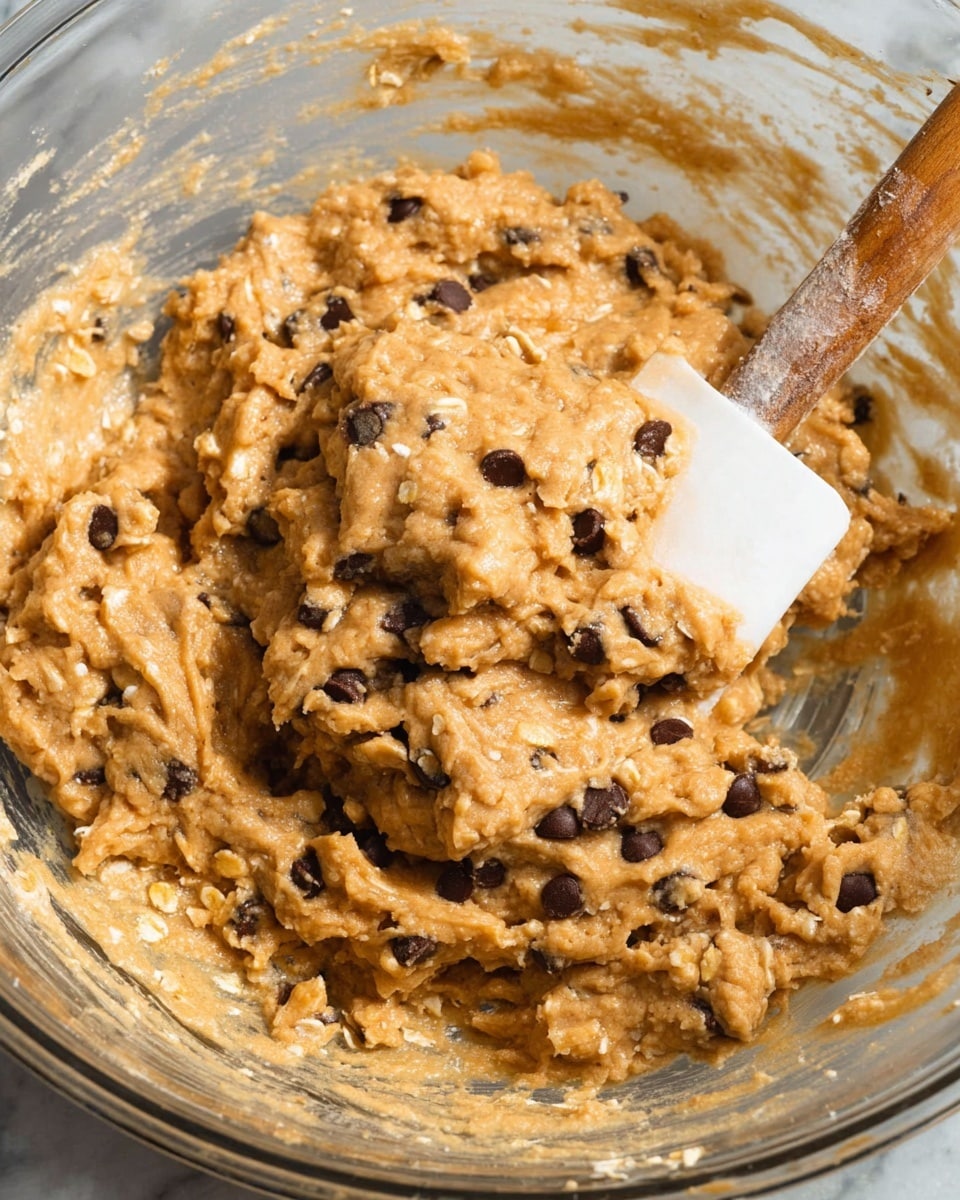 A close-up view of a thick cookie dough mixture in a clear glass bowl, showing uneven layers of light brown batter with visible oats and small dark chocolate chips spread throughout. A white spatula with a wooden handle is partially buried in the dough on the right side, with some dough clinging to it. The dough has a slightly shiny and textured surface with soft clumps formed by the oats and chocolate. The inside of the bowl shows some smudges of dough sticking to the sides. The background is a white marbled texture photo taken with an iphone --ar 4:5 --v 7