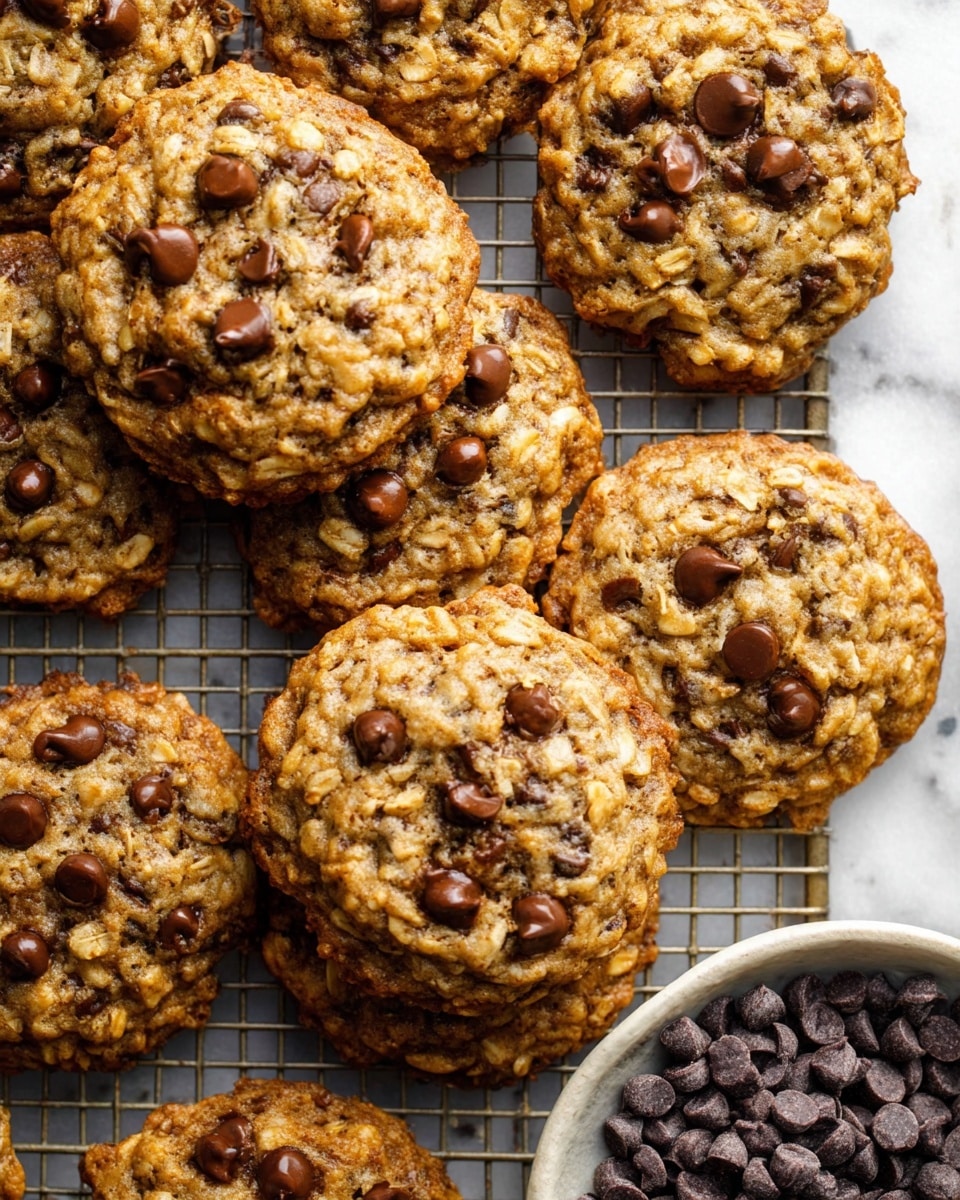 This image shows a group of round oatmeal cookies with chocolate chips on top, placed closely together on a metal cooling rack. The cookies have a golden brown color with a textured surface of oats and chocolate chips scattered throughout. In the bottom right corner, there is a white bowl filled with dark chocolate chips. The background has a white marbled texture. photo taken with an iphone --ar 4:5 --v 7