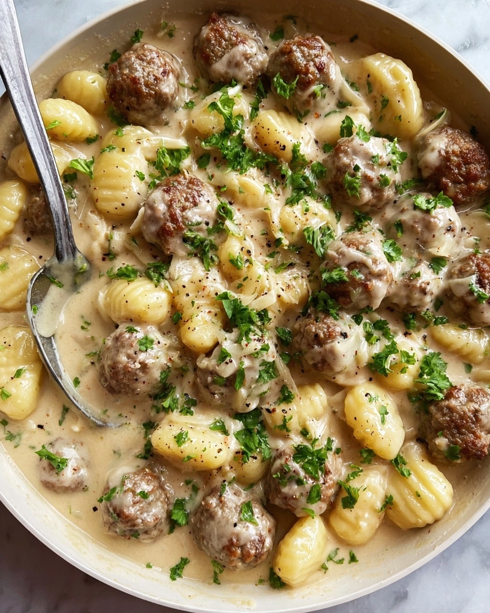 The dish shows a creamy sauce base with a light beige color and smooth texture filling the entire pan. Scattered throughout are small, round brown meatballs with a slightly crumbly surface. Between the meatballs, there are pieces of soft, pale yellow gnocchi, their ridged texture visible. Bright green parsley leaves and chopped chives are sprinkled on top for color contrast. Small black pepper flakes are scattered over the dish, adding texture and detail. A silver spoon rests in the sauce on the left side, partially submerged. The background is a white marbled texture. photo taken with an iphone --ar 4:5 --v 7