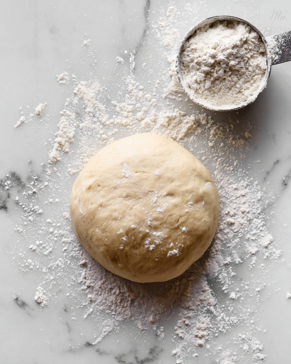 A round, smooth ball of dough with a pale beige color rests on a white marbled surface. The dough is lightly dusted with white flour, which is also sprinkled around it on the surface. To the upper right of the dough, there is a metal measuring cup filled with white flour, adding texture and contrast to the scene. The overall setting is bright and clean, focusing on the fresh dough and the flour on a soft, white marbled background. photo taken with an iphone --ar 4:5 --v 7