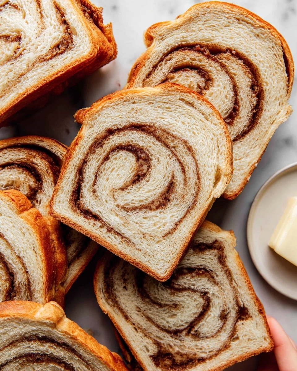 Several thick slices of cinnamon swirl bread are spread out on a white marbled surface. Each slice shows a clear spiral pattern of light beige bread with a darker brown cinnamon layer inside. The crust around the edges is golden brown and slightly crispy. There is a small white plate with a pat of butter on the right side. A woman's hand is partly visible holding one of the slices at the bottom of the image. Photo taken with an iphone --ar 4:5 --v 7