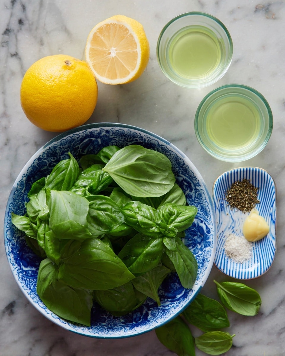 The image shows fresh basil leaves piled in a white bowl with a blue pattern, placed on a white marbled surface. To the top left of the bowl, there is a half lemon with a bright yellow inside and rind. Two small glasses with light green and pale yellow liquids sit to the top right. Below and to the right of the basil bowl, a white plate with blue stripes holds small piles of white salt, black pepper, light minced garlic, and a light yellow paste arranged in a line from left to right. Some loose basil leaves are scattered at the base of the bowl. Photo taken with an iphone --ar 4:5 --v 7