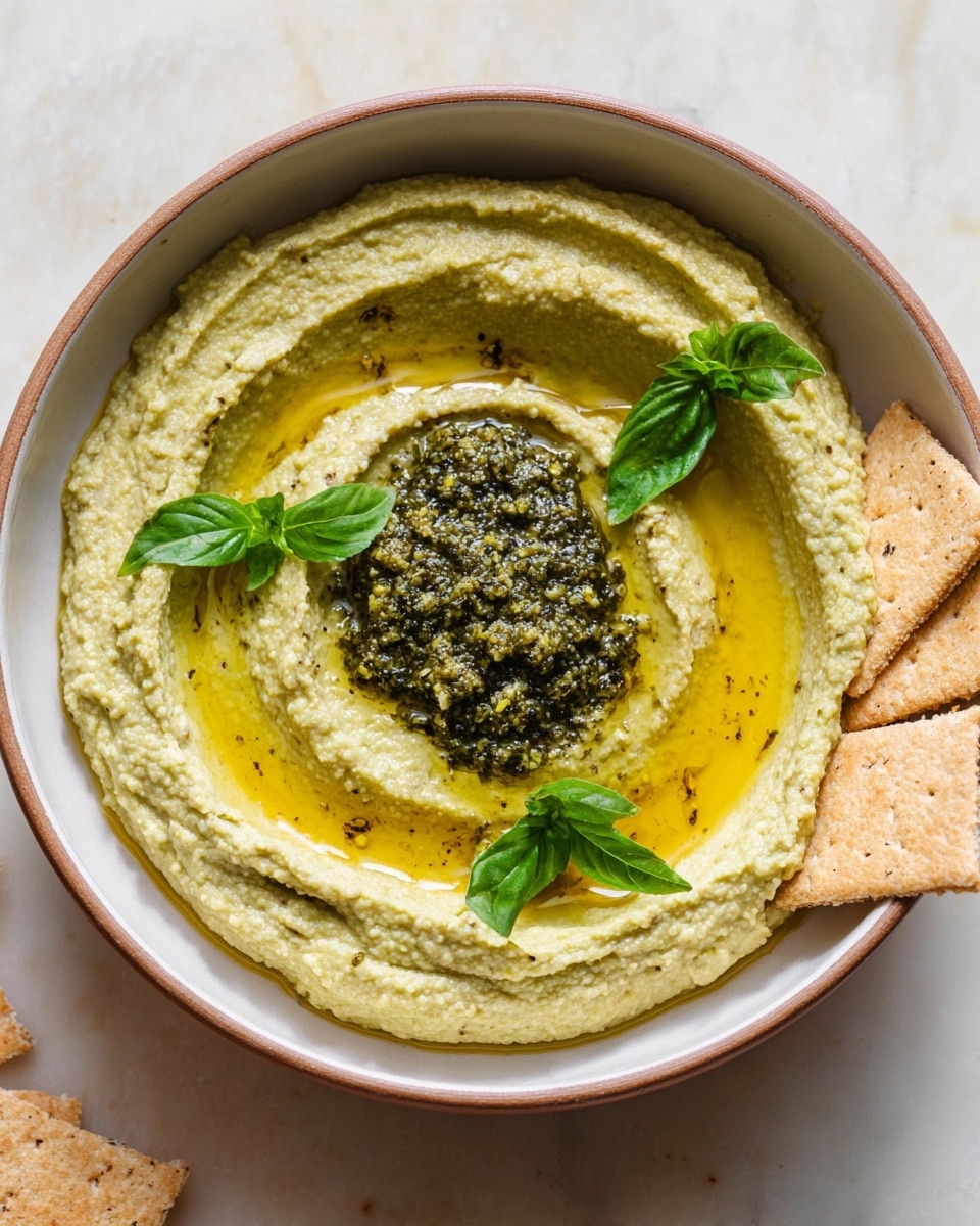 A bowl filled with two main layers, the bottom layer is a smooth, pale green hummus spread evenly with slight swirls and drizzles of golden olive oil creating a shiny texture. The top layer is a dollop of darker green pesto, chunky and textured, placed in the center of the hummus. There are three small fresh green basil leaves decorating the hummus around the pesto, adding a touch of freshness. Two light brown square crackers with visible grain texture are partially dipped into the hummus on the right side of the bowl. The bowl is simple white with a light brown rim, and the whole scene is set on a white marbled surface. Photo taken with an iphone --ar 4:5 --v 7