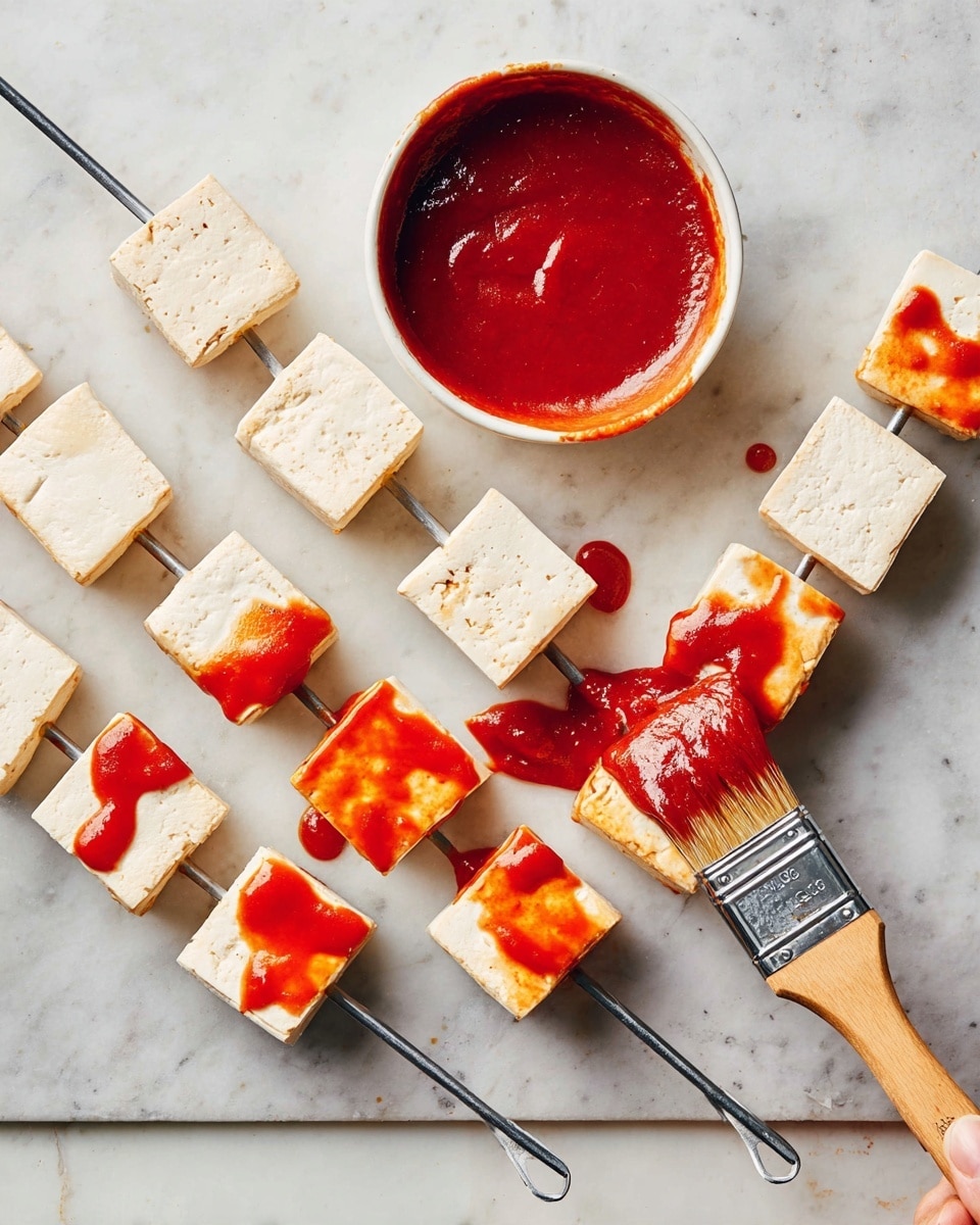 Several white tofu cubes are placed on metal skewers in two lines on a white marbled surface. Each tofu cube is light cream colored with smooth texture and is brushed with a bright red sauce, some sauce is dripping down and pooling on the surface. At the bottom right, a woman's hand holds a paintbrush with the same red sauce, applying it thickly on one tofu cube. On the left side, there is a white bowl filled with thick red sauce. The whole image is bright and clean with the red sauce contrasting sharply against the tofu and white marbled background. photo taken with an iphone --ar 4:5 --v 7