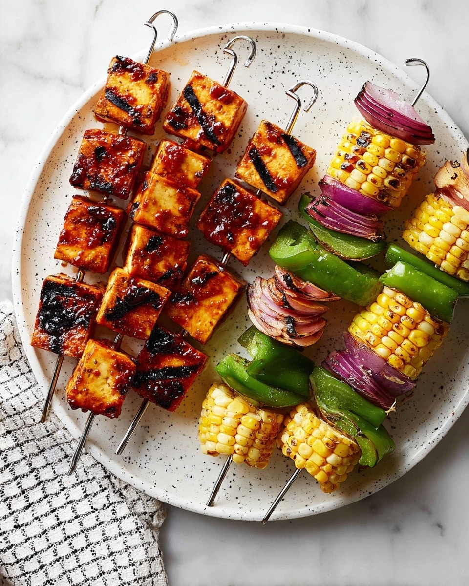 On a large white plate with black speckles, there are two types of grilled skewers arranged side by side. The first set has three metal skewers, each threaded with four to five square pieces of golden-brown tofu with dark grill marks and some sauce brushed on top, giving a shiny texture. The second set has three metal skewers with layered pieces of yellow grilled corn, bright green bell pepper slices, and purple-red onion chunks, all with slight charring for a smoky look. The plate rests on a white marbled surface, with a textured white and black checkered cloth partly visible on the lower left side. Photo taken with an iphone --ar 4:5 --v 7