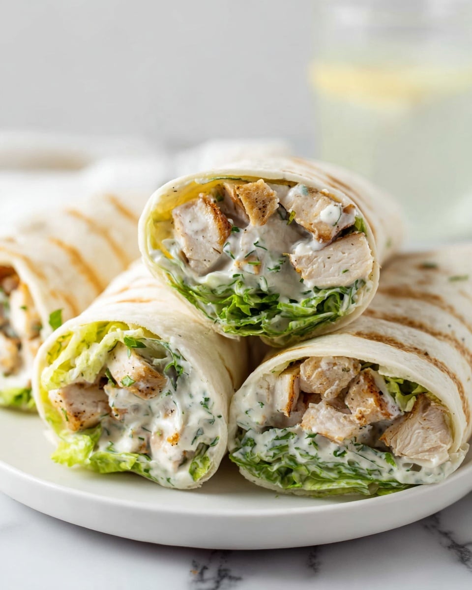 There are four wraps on a white plate, each cut in half showing the inside layers. The outer layer is a soft, lightly toasted white tortilla. Inside, there is a layer of bright green lettuce, topped with thick chunks of cooked light brown chicken. The chicken pieces are covered with a creamy white sauce with visible green herbs. The scene is set on a white marbled surface with a blurry glass of a white drink in the background. Photo taken with an iphone --ar 4:5 --v 7
