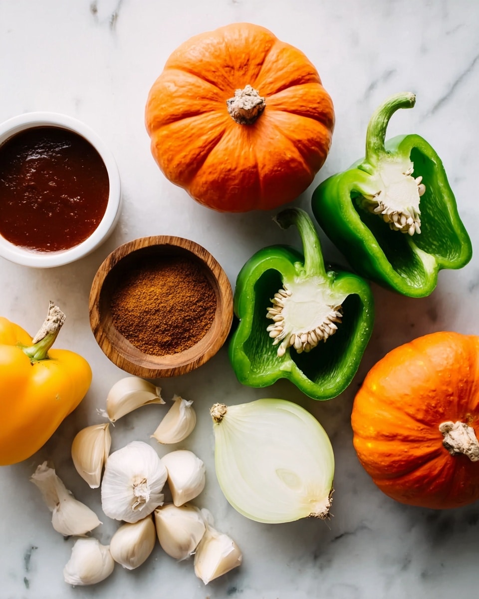 The image shows a spread of fresh ingredients on a white marbled surface. There are two small round pumpkins with bright orange skin on the right side. Next to them is a green bell pepper cut in half showing its seeds inside. Below the pepper is a small wooden bowl filled with ground brown spice. To the left, there is a white bowl with dark red sauce. Above the bowl, several peeled garlic cloves are scattered. Near the bottom left, a whole yellow bell pepper and an onion cut in half with white layers inside are placed side by side. The colors are vibrant and the textures are clear, showing fresh and raw ingredients. Photo taken with an iphone --ar 4:5 --v 7