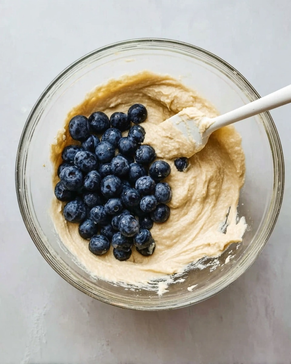 A clear glass bowl filled with pale beige batter that has a smooth, thick texture, with a cluster of fresh dark blue blueberries resting on one side of the batter. A white spatula with some batter on it is partially dipped into the batter on the right side of the bowl. The bowl is placed on a white marbled surface, and the lighting highlights the creamy texture of the batter and the shiny surface of the blueberries. photo taken with an iphone --ar 4:5 --v 7