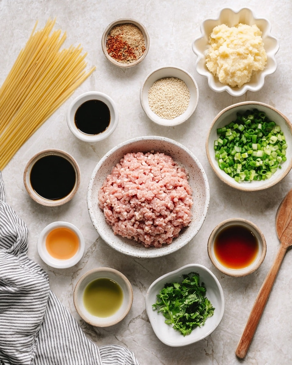The image shows a top-down view of various cooking ingredients neatly arranged on a white marbled surface. At the center is a white speckled bowl filled with light pink ground meat. To the right of it, there are two bowls with chopped green onions, one with a larger amount and the other smaller. Above the ground meat, a small white bowl holds light beige sesame seeds, and next to it, a scalloped white dish contains a pale yellow mashed mixture. To the left, uncooked pasta sticks lie flat. Surrounding the central items are small bowls with different liquids and spices: two dark sauces in white bowls, a clear light liquid, a small bowl with amber-colored liquid, a bowl with chopped green herbs, and a small bowl with a red-brown spice mix. A wooden spatula is partially visible on the bottom left. A striped gray and white cloth is placed in the upper left corner. Photo taken with an iphone --ar 4:5 --v 7