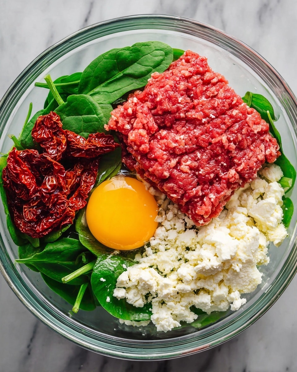 A clear glass bowl contains five distinct layers arranged separately: vibrant red raw minced meat sits in a block towards the right-center, white crumbly cheese is piled next to the meat on the right edge, bright green fresh spinach leaves are layered beneath the meat and cheese, a raw egg yolk with a shiny yellow surface rests on the spinach near the bottom left, and sun-dried red tomatoes with wrinkled texture are grouped at the top left. The bowl is placed on a white marbled surface. Photo taken with an iphone --ar 4:5 --v 7