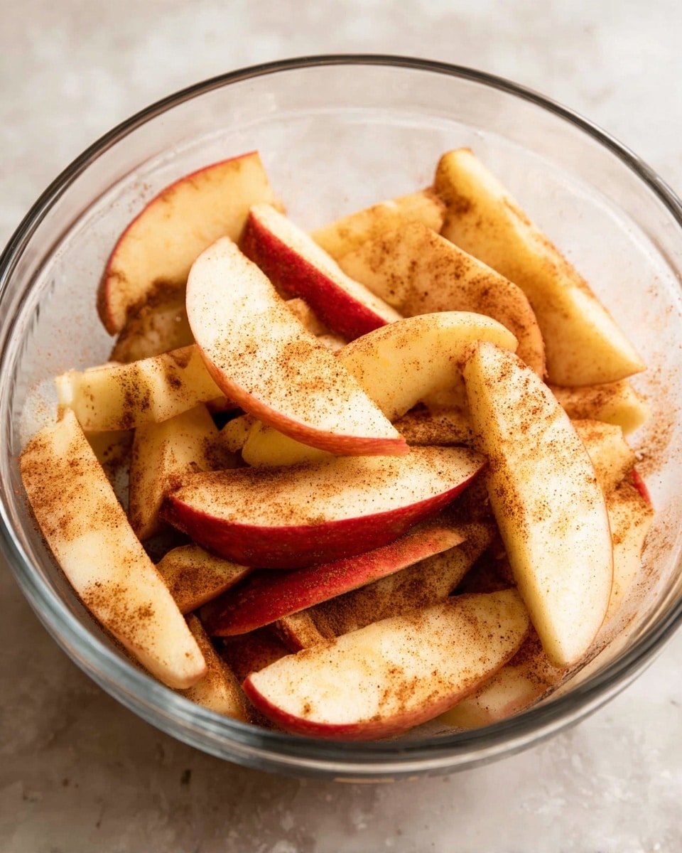 The image shows a clear glass bowl filled with several thick apple slices. The apple slices have a reddish-yellow skin on one side and a creamy white inside. They are coated evenly with a light layer of brown cinnamon powder, giving them a slightly speckled texture. The apple slices are piled in the bowl, overlapping each other, with the bowl placed on a white marbled surface photo taken with an iphone --ar 4:5 --v 7