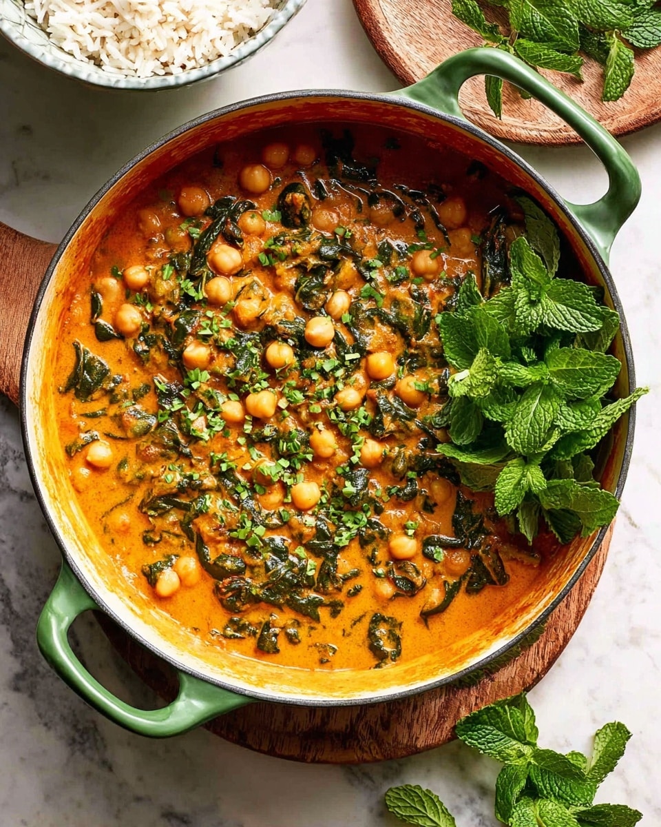 A large green-handled pot filled with creamy orange chickpea curry, dotted with whole chickpeas and dark green spinach leaves throughout. The curry is topped with finely chopped fresh green herbs and a small bunch of fresh, bright green mint leaves placed on one side. The pot sits on a white marbled surface, with some fresh mint leaves on a wooden board nearby and a glimpse of white rice in a white bowl at the top left corner. The image has soft natural lighting, enhancing the rich colors and textures. photo taken with an iphone --ar 4:5 --v 7