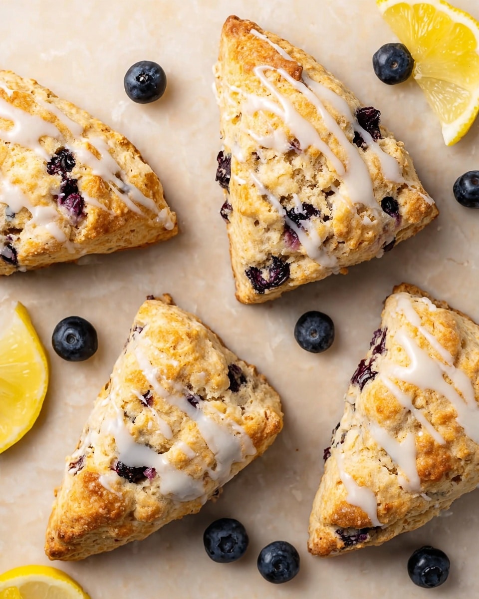Three golden brown, triangular blueberry scones with a crumbly texture sit on a light beige surface. Each scone shows visible dark purple blueberries inside, and they are drizzled with a thin layer of white icing. Scattered near the scones are fresh dark blue blueberries and small wedge slices of yellow lemon. The whole scene rests on a white marbled texture. Photo taken with an iphone --ar 4:5 --v 7