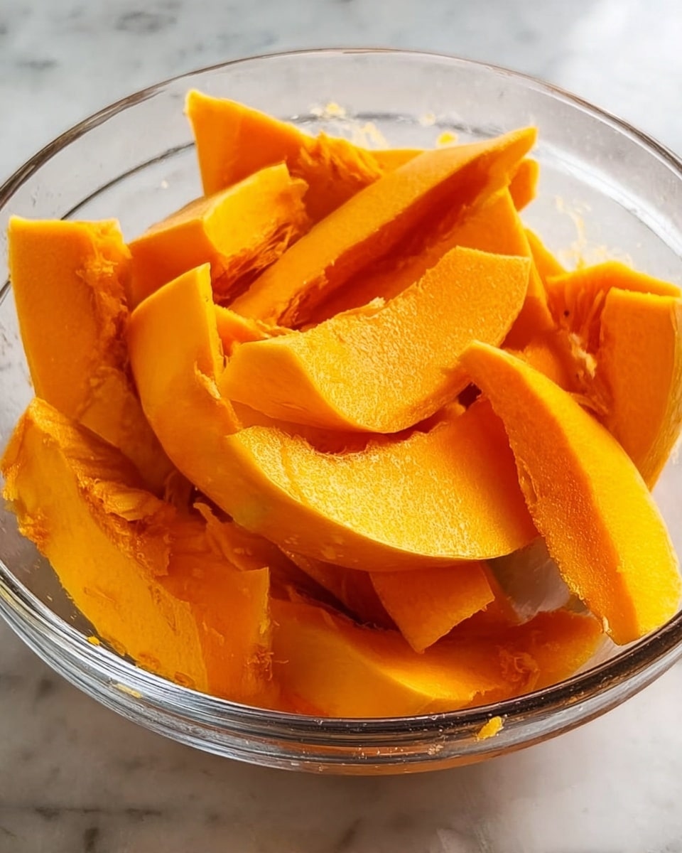 A clear glass bowl filled with bright orange pumpkin slices, each piece irregularly shaped with smooth surfaces and slightly rough edges. The pumpkin pieces layer loosely inside the bowl, some overlapping, showing a mix of curved and flat cuts. The bowl sits on a white marbled surface, with soft natural light highlighting the vivid orange color and texture of the pumpkin. Photo taken with an iphone --ar 4:5 --v 7