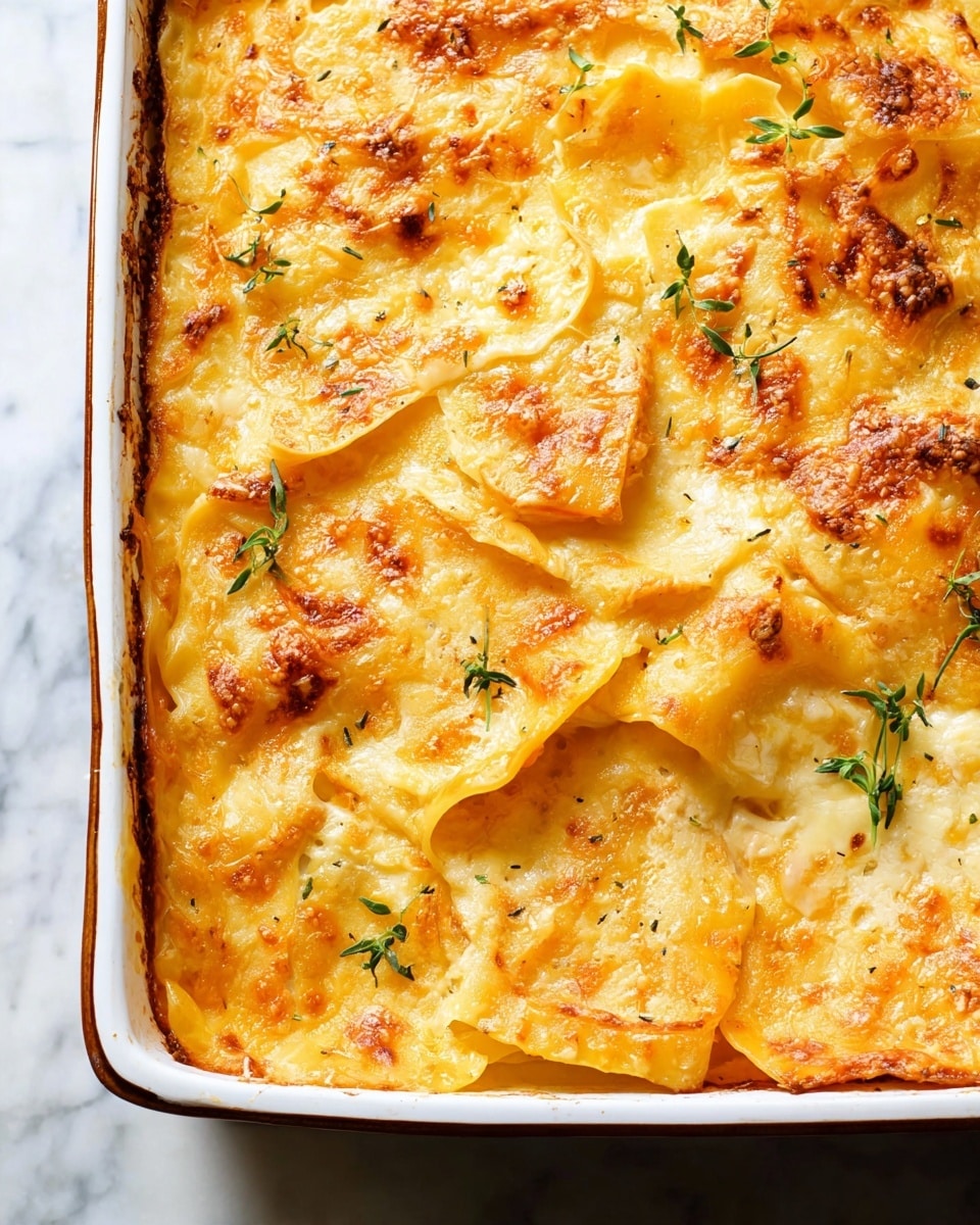 A close-up view of a baked casserole in a white baking dish with a brown rim, filled with several layers of golden-yellow pasta sheets covered in melted cheese. The top layer has a bubbly, light golden-brown texture with some slightly crispy edges and small green herb sprigs scattered on top for garnish. The pasta pieces overlap slightly and have a soft, moist look underneath the cheese. The dish sits on a white marbled surface. photo taken with an iphone --ar 4:5 --v 7