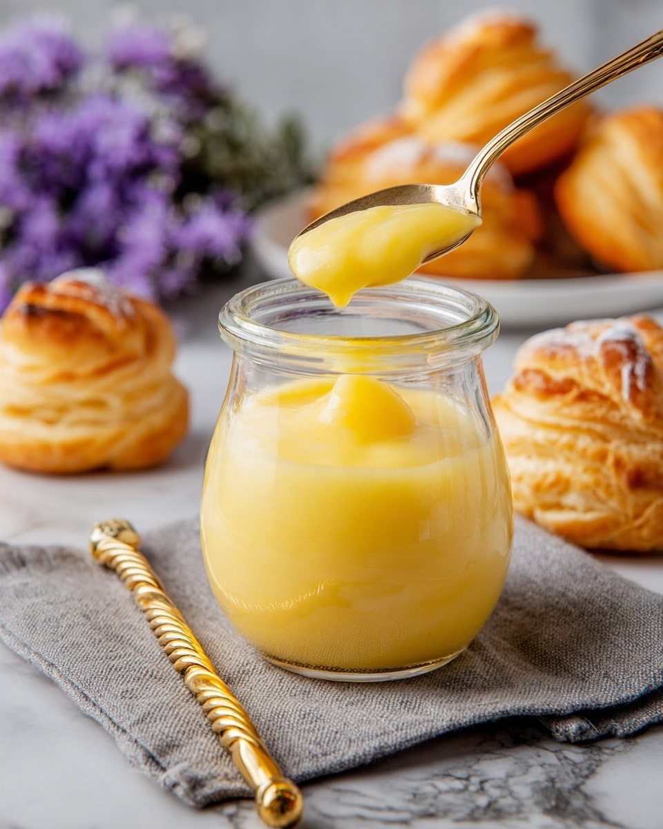 A small clear glass jar filled with smooth, yellow lemon curd sits on a gray cloth on a white marbled surface. A gold spoon with a twisted handle rests beside the jar, and another gold spoon holds a dollop of lemon curd above the jar. Around the jar are several golden brown cream puff pastries with crisp, layered tops. In the background, out of focus, are more pastries and purple flowers. Photo taken with an iphone --ar 4:5 --v 7