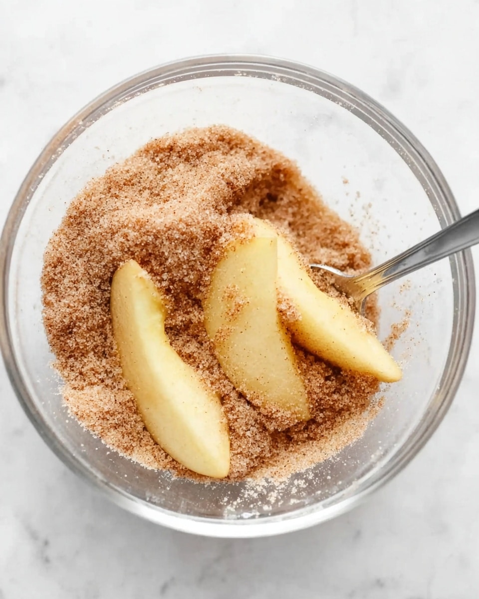 In a clear glass bowl on a white marbled surface, there are four light yellow apple slices partially covered with a light brown, grainy cinnamon sugar mixture. The sugar is textured and spread evenly around the apple slices, which are slightly curved with a smooth surface. A shiny silver spoon is partially visible in the bowl, resting against the apple slices and cinnamon sugar mix. Photo taken with an iphone --ar 4:5 --v 7