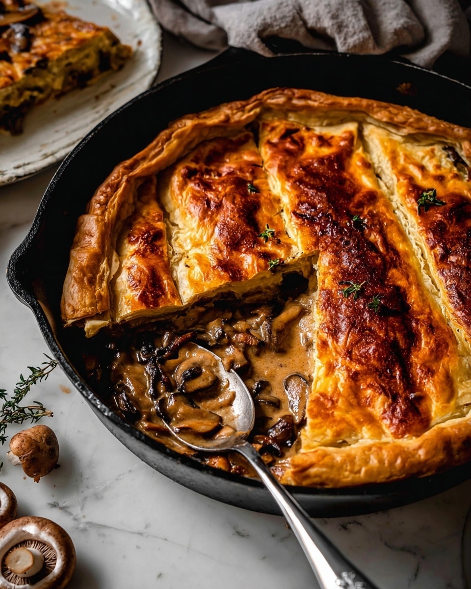 A black skillet contains a golden-brown pie with a shiny, slightly crisp top layer divided into four long strips, each showing a textured baked crust with some darker browned edges. One quarter of the pie is missing, revealing a creamy, light brown filling with visible pieces of dark mushrooms and herbs. A silver spoon is partially dipped into the filling. The skillet sits on a white marbled surface with a few mushrooms and a sprig of herb nearby. The lighting highlights the rich colors and textures in the dish. Photo taken with an iphone --ar 4:5 --v 7