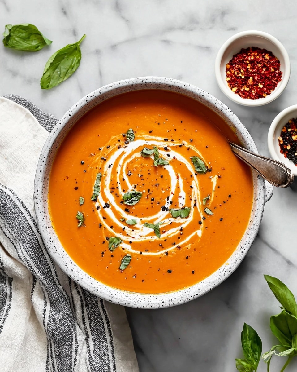 A bowl filled with smooth, thick orange soup is centered on a white marbled surface. The soup has a swirl of white cream on top, creating a spiral pattern, and some small green basil leaves scattered over it. A few black pepper specks are visible across the cream and soup. The bowl is white with a grey speckled pattern on the rim. To the side, a spoon rests inside the bowl, and a white and grey striped cloth is partially under the bowl. Nearby, two small white bowls hold dried red chili flakes and crushed black pepper. A few fresh green basil leaves lie on the marble surface around the bowl. Photo taken with an iphone --ar 4:5 --v 7
