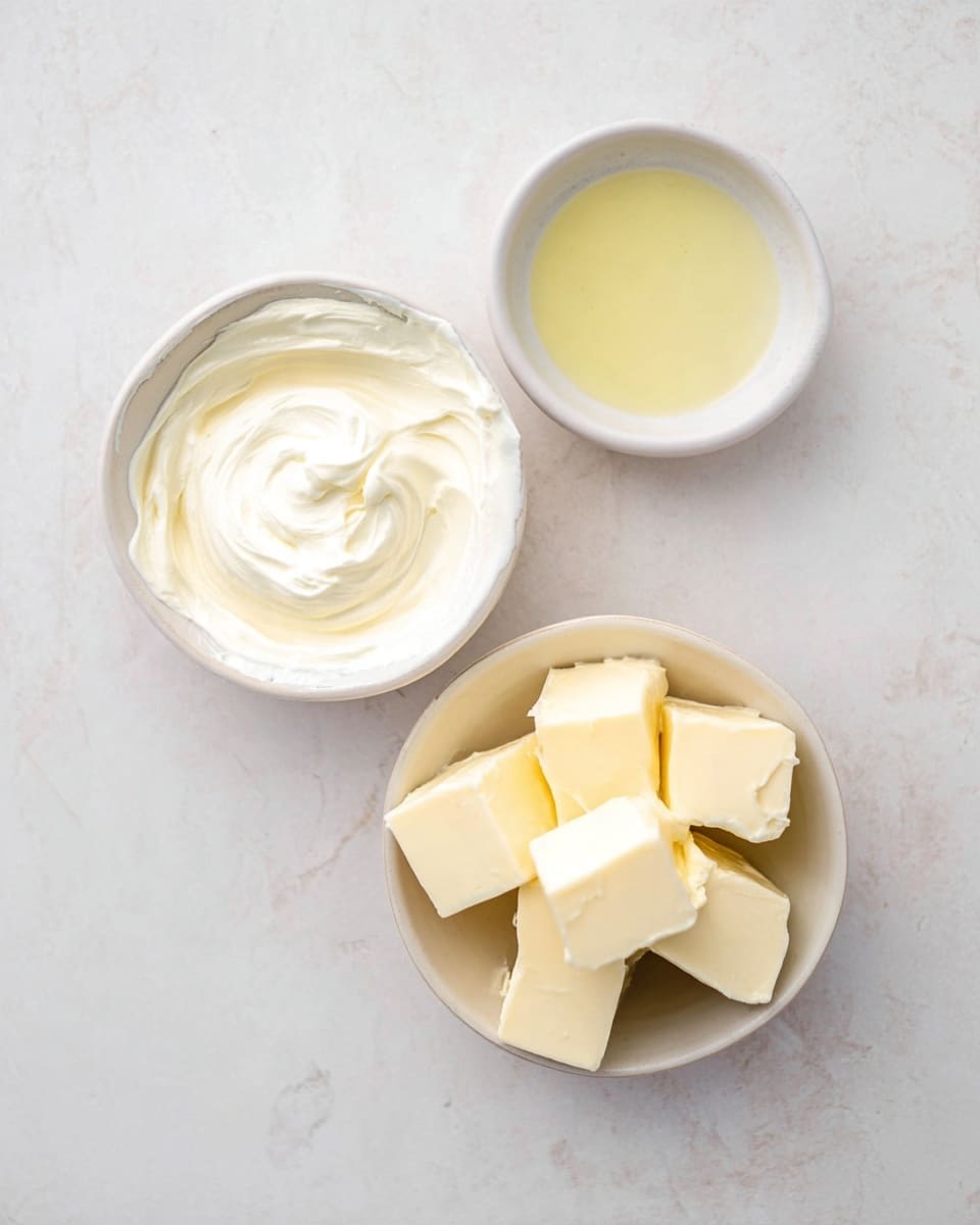 The image shows three small white bowls on a white marbled surface. The first bowl on the left is filled with a thick, creamy white substance, swirled softly on top. The bowl at the top holds a small amount of light yellow liquid with a smooth texture. The third bowl, placed at the bottom right, contains several large cubes of a solid pale yellow block. The bowls are arranged loosely in a triangular shape. photo taken with an iphone --ar 4:5 --v 7