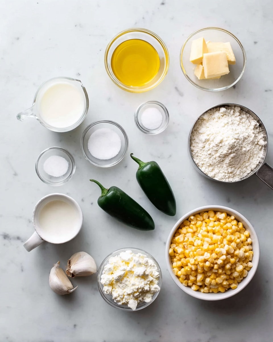 The image shows ingredients arranged separately on a white marbled surface. There is a small clear glass bowl of olive oil on the top left, next to a similar bowl of yellow butter sauce. Below them, a small white cup of milk sits to the left. Two small clear bowls with white powders (salt and baking powder) are placed near the center, with a single white egg nearby. Two fresh green jalapeños lie side by side in the center. On the top right, there is a white bowl filled with bright yellow corn kernels, and next to it, a metal measuring cup filled with white crumbled cheese. Below the cheese, a clear bowl of white flour sits near the bottom right. Near the milk, two cloves of garlic rest on the marble surface. Photo taken with an iphone --ar 4:5 --v 7