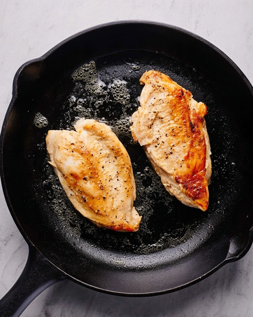 A black cast iron pan with two pieces of cooked chicken on it, each piece light golden brown with a slightly crispy texture, showing some black pepper on the surface. The chicken pieces are positioned separately, with one piece larger and more curved at the bottom right and the smaller one near the top left of the pan. Small bubbles of oil or butter surround the chicken on the black surface of the pan, which is placed on a white marbled background. Photo taken with an iphone --ar 4:5 --v 7