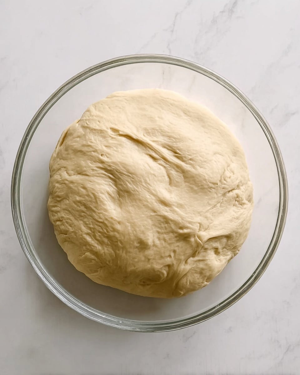 A large round ball of pale beige dough with a smooth, slightly shiny surface and gentle folds sits inside a clear glass bowl on a white marbled surface. The dough looks soft and elastic, filling most of the bowl and slightly touching the edges. Photo taken with an iphone --ar 4:5 --v 7